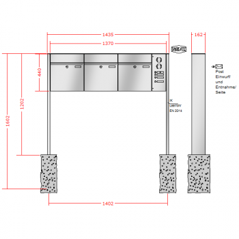 RENZ PLAN Edelstahl, Anlage mit Installationskasten, Kasten 400x440x160, 3-teilig, zum Einbetonieren, 60-0-60092