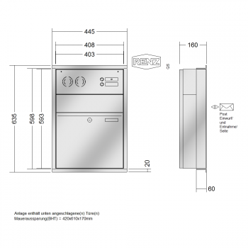 RENZ PLAN Edelstahl, Anlage mit Installationskasten, Kasten 400x440x160, Installationskasten waagerecht, 1-teilig, 60-0-60097