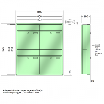 RENZ PLAN, Anlage ohne Installationskasten, Kasten 400x440x160, 4-teilig, 60-0-60303