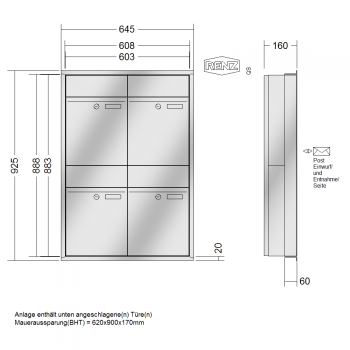 RENZ PLAN Edelstahl, Anlage ohne Installationskasten, Kasten 300x440x160, 4-teilig, 60-0-60306