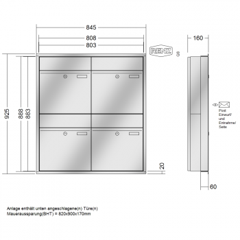 RENZ PLAN Edelstahl, Anlage ohne Installationskasten, Kasten 400x440x160, 4-teilig, 60-0-60309