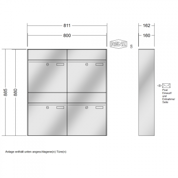 RENZ PLAN Edelstahl, Anlage ohne Installationskasten, Kasten 400x440x160, 4-teilig, 60-0-60333