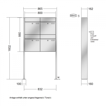 RENZ PLAN Edelstahl, Anlage ohne Installationskasten, Kasten 400x440x160, 4-teilig, mit Fußplatten zum Aufschrauben, 60-0-60381