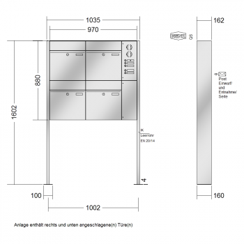 RENZ PLAN Edelstahl, Anlage mit Installationskasten, Kasten 400x440x160, 4-teilig, mit Fußplatten zum Aufschrauben, 60-0-60393