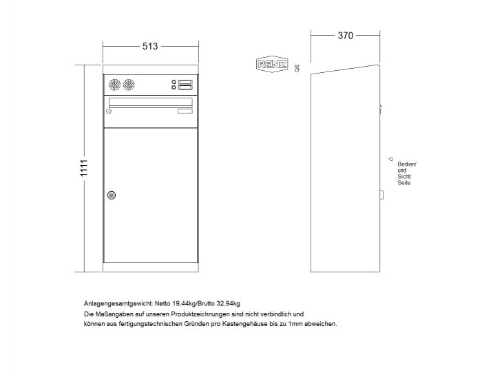 RENZ QUBO XL Jumbo Paketkasten mit Briefkasten und Installationskasten für Sprechfeld, Klingel  23-0-10260 - schematische Darstellung, Dachform: schräg