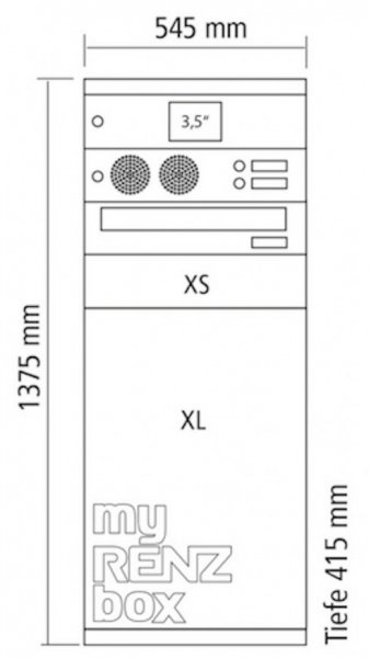 RENZ eQUBO, Paketkasten mit Briefkasten, Sprechfeld, Licht- und Klingeltaster, sowie 2 Paketfächern, XS (29 ltr.) und XL (173 ltr.), Stahl, 23-0-10024