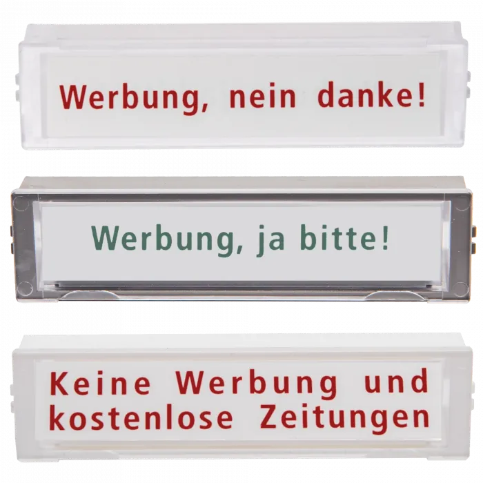 RENZ Namensschild NS09 inkl. faltbarer 4-seitiger Einlage,  "Werbung, ja / nein / ... " 97-9-82260 - Frontansicht, alle Varianten