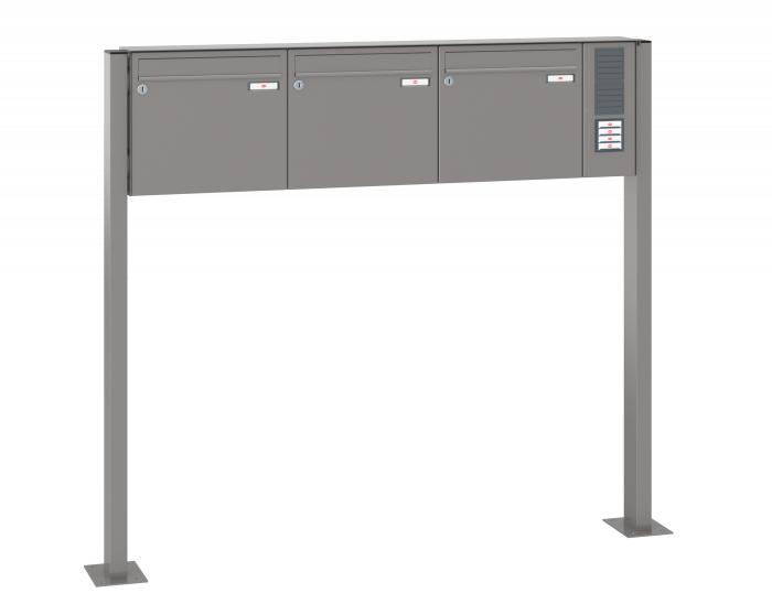 Freistehende Briefkastenanlage, RENZ Basic 3-teilig, 10-0-29008 - Frontansicht,  Farbe: Graualuminium, Klingel: Rechts