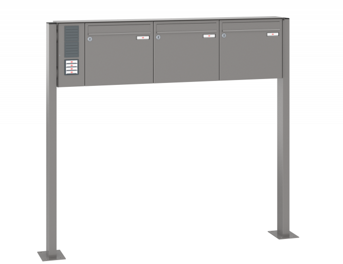 Freistehende Briefkastenanlage, RENZ Basic 3-teilig, 10-0-29008 - Frontansicht,  Farbe: Graualuminium, Klingel: Links